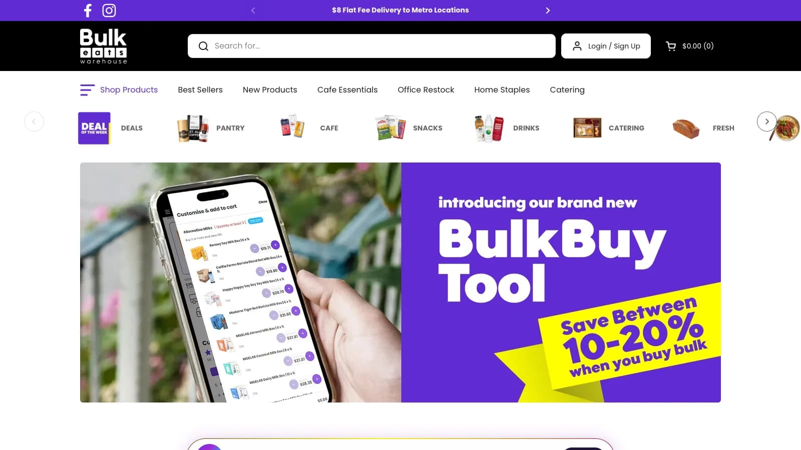 Trang chủ Bulk Eats Warehouse với lối tắt danh mục và banner BulkBuy Tool