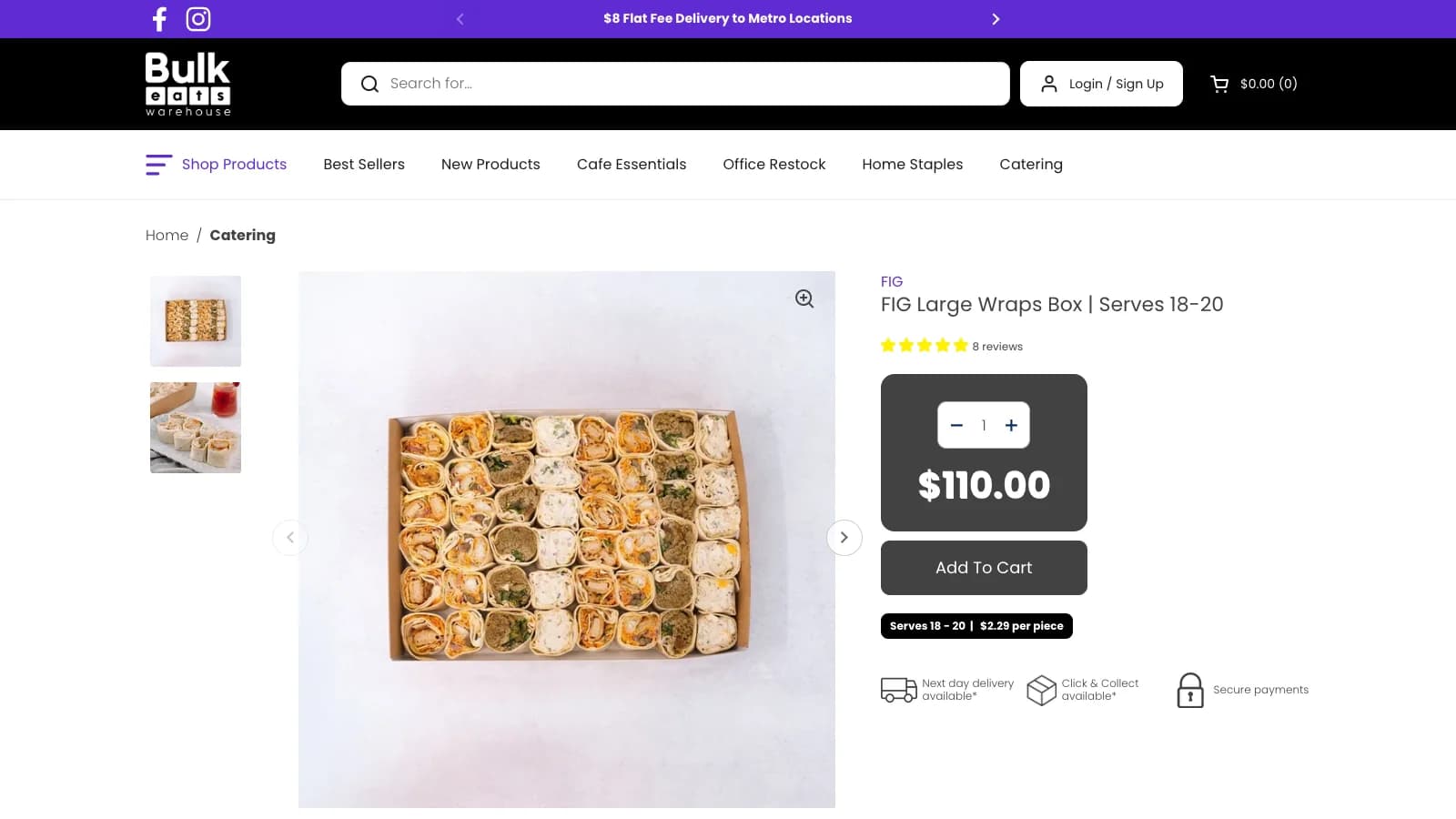 Trang sản phẩm FIG Large Wraps Box với giá, số người ăn và tùy chọn giao nhận