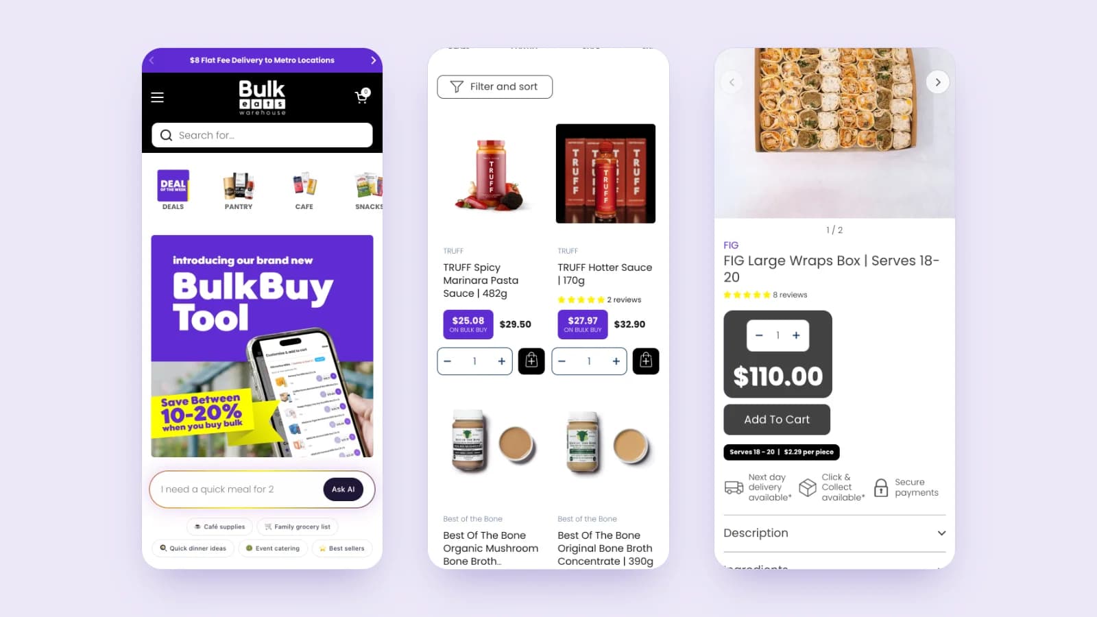 Bulk Eats Warehouse trên di động: trang chủ, danh mục Pantry và trang sản phẩm