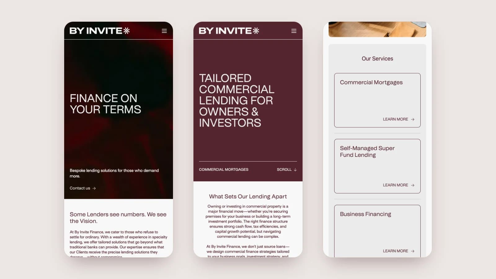 By Invite Finance trên di động: trang chủ, trang dịch vụ và danh sách dịch vụ