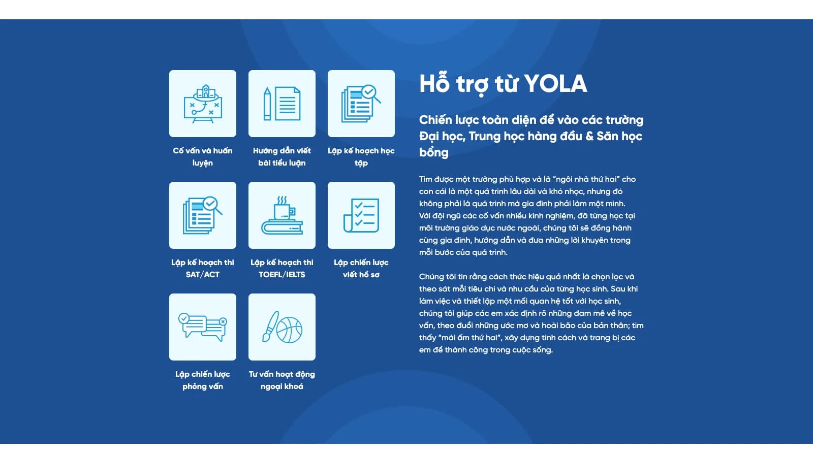 Khu vực Hỗ trợ từ YOLA với tư vấn, bài luận, luyện thi và phỏng vấn