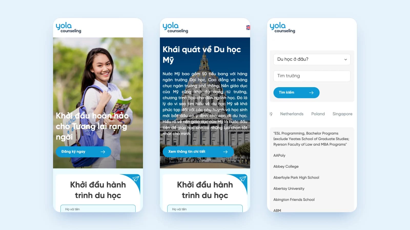 Du học YOLA trên di động: trang chủ, Du học Mỹ và danh bạ đối tác