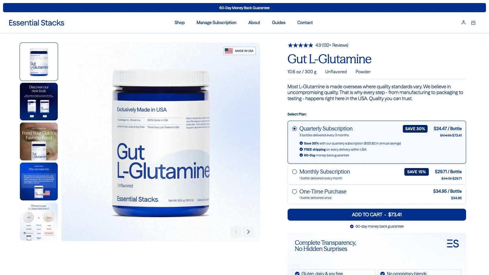 Trang sản phẩm Gut L-Glutamine với gói theo quý, theo tháng, mua một lần và giá mỗi hộp