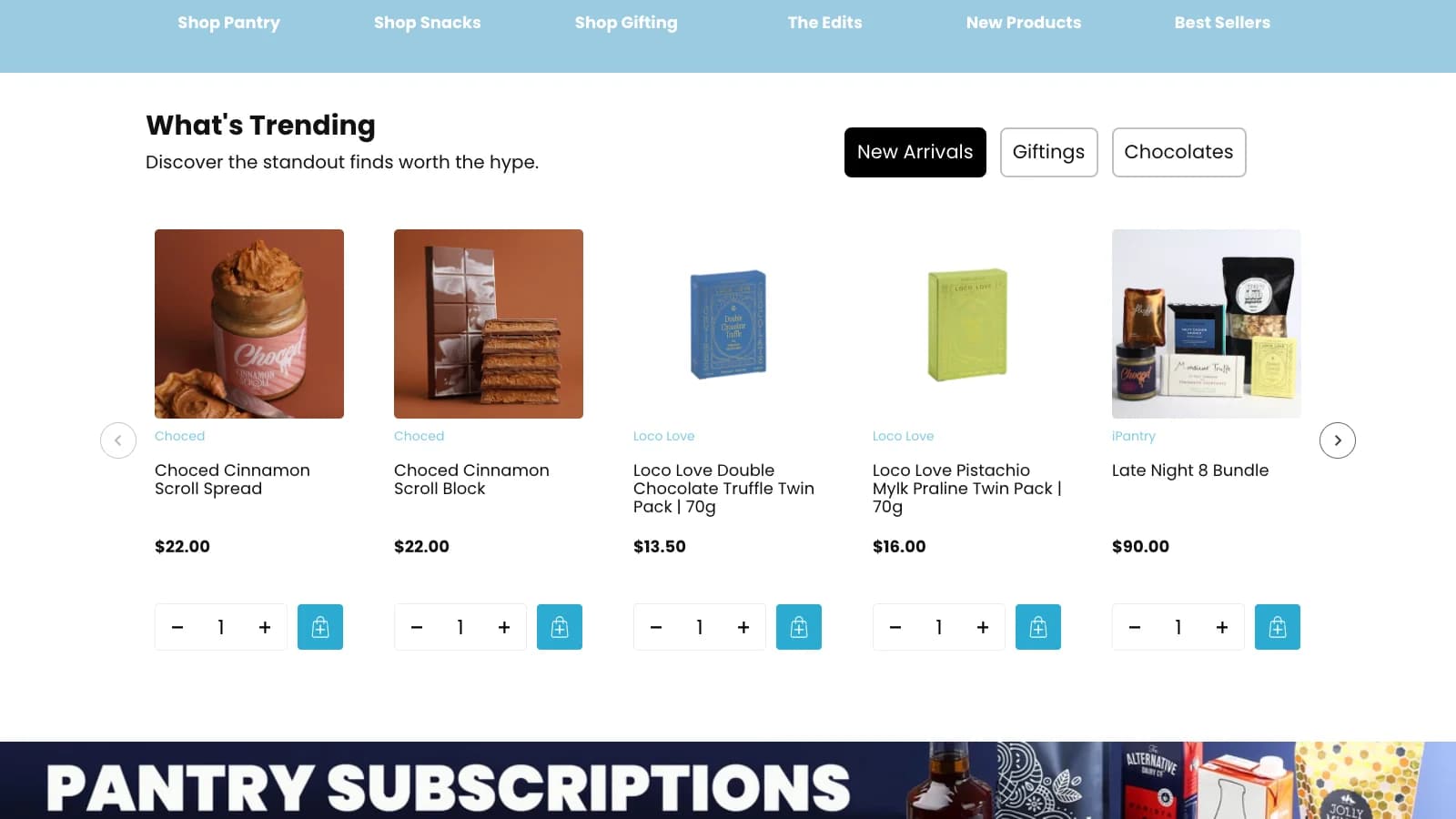 Danh sách What’s Trending với bộ chọn số lượng và nút thêm vào giỏ