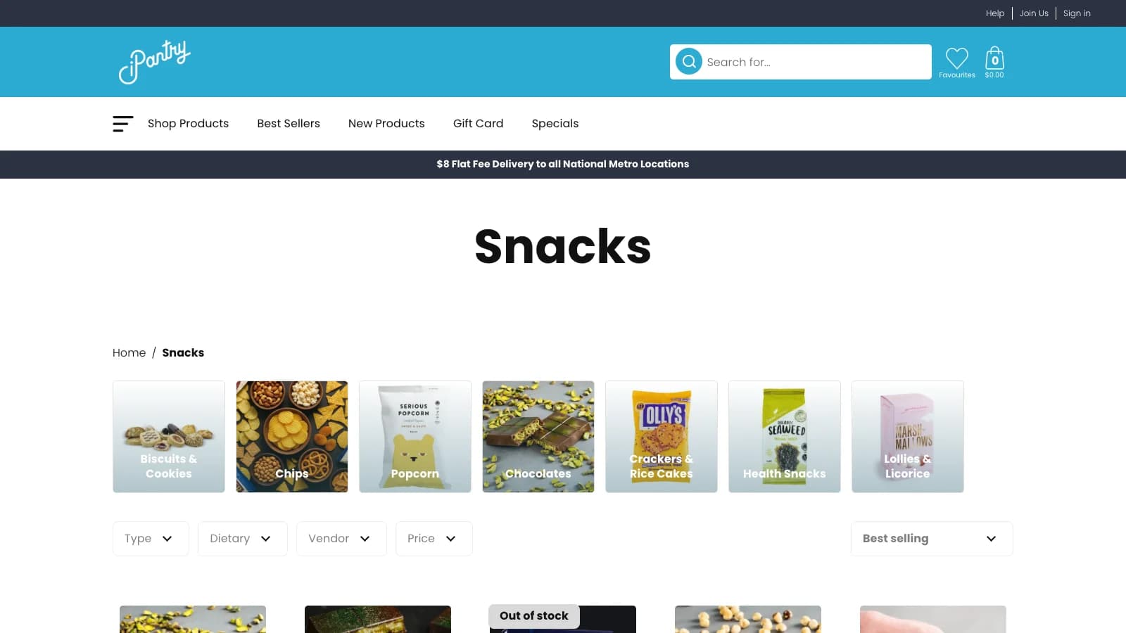 Danh mục Snacks với các nhóm con và bộ lọc