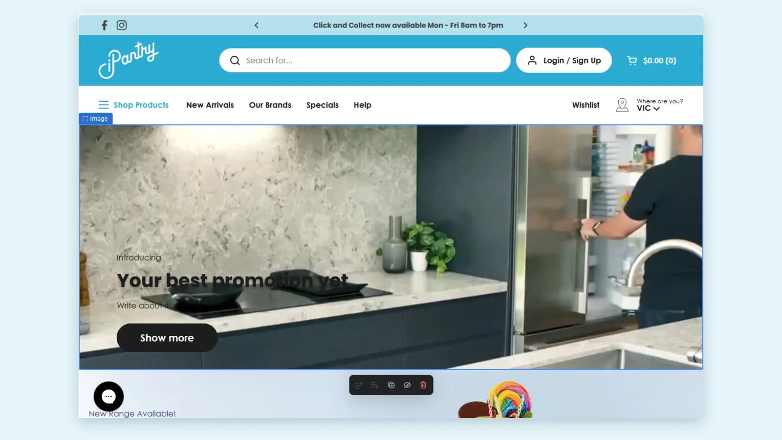 Bản xem trước trong trình chỉnh sửa theme Shopify với section banner video; header có thông báo Click and Collect và bộ chọn Where are you?