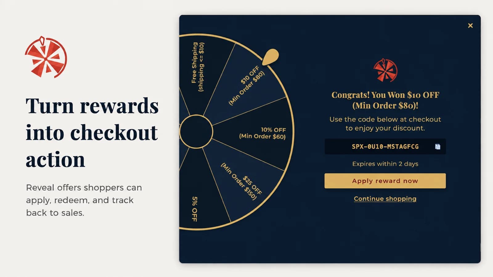 SpinX popup showing a won reward code with an Apply reward now button