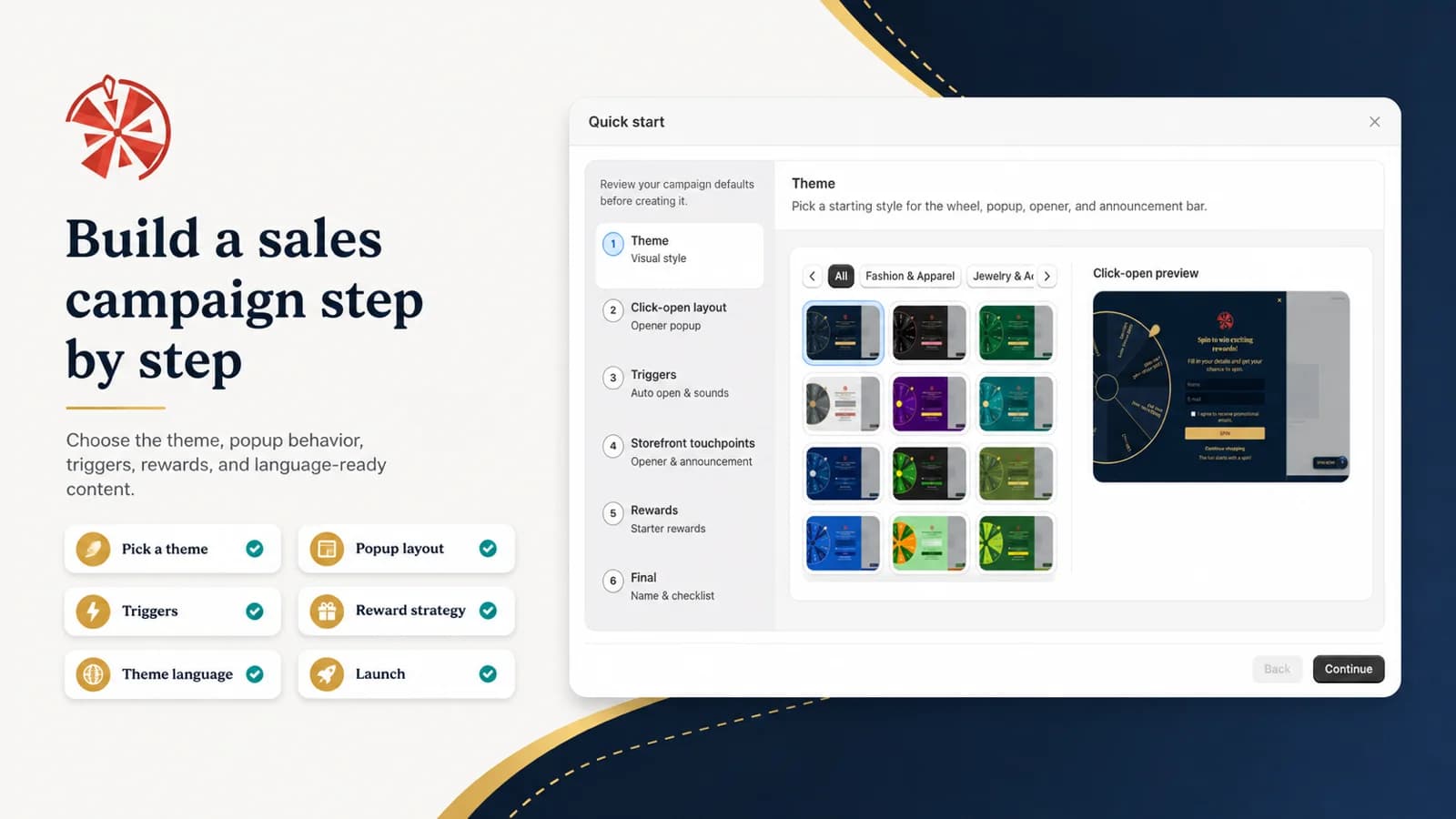 SpinX quick start: theme, layout, triggers, touchpoints, rewards and launch
