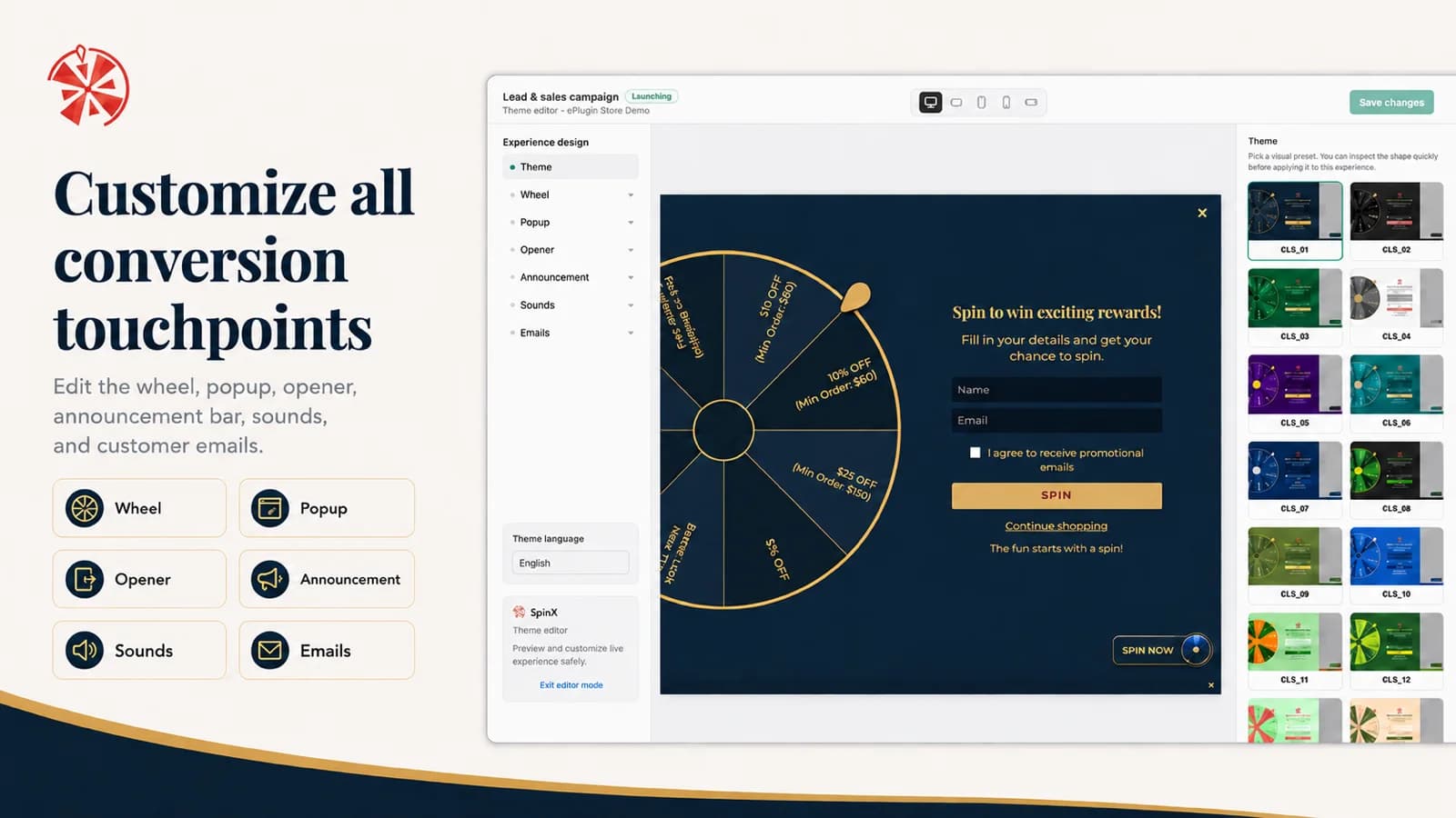 SpinX theme editor with a live wheel preview and theme presets