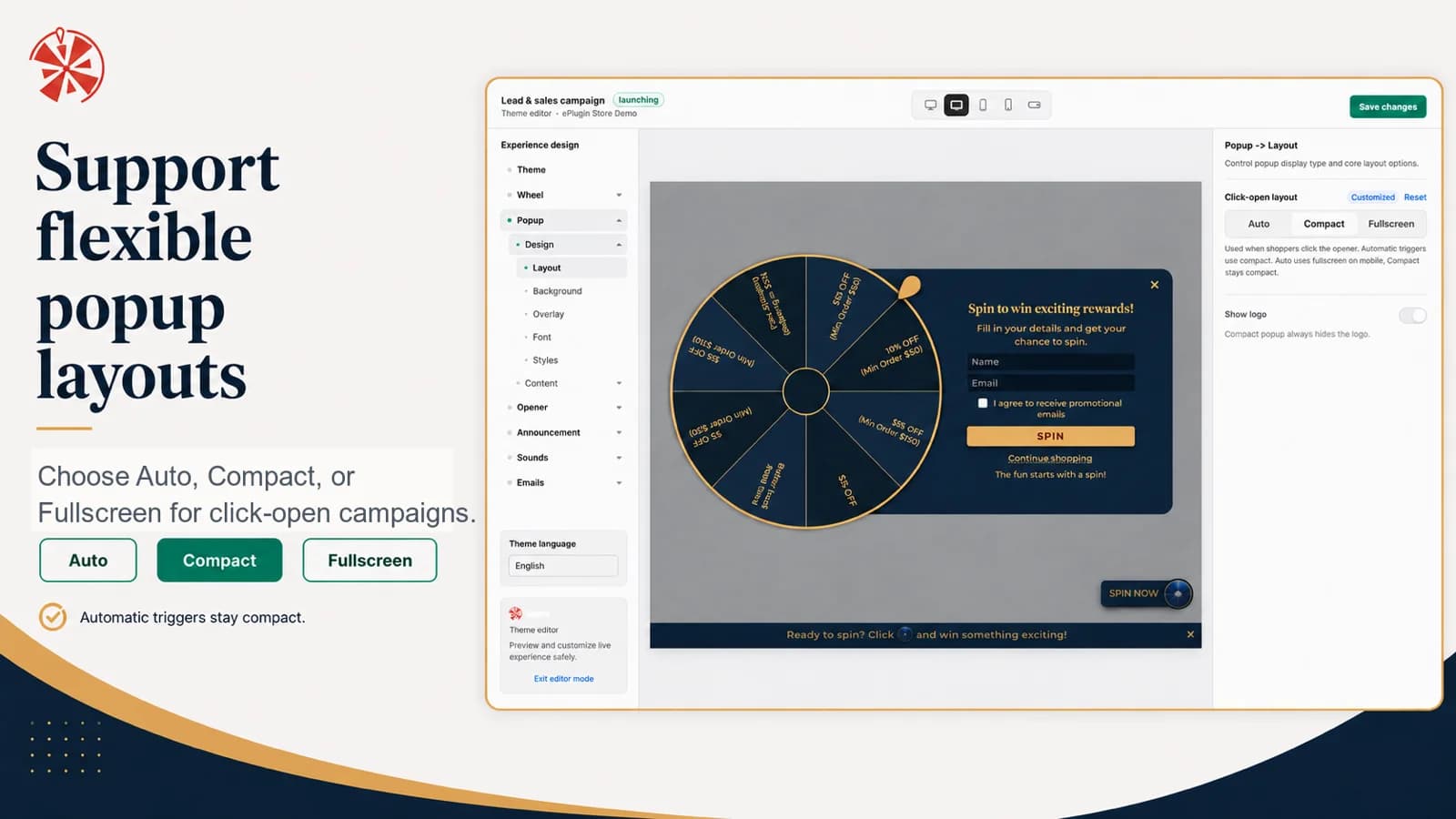 SpinX popup layout settings showing a compact wheel popup