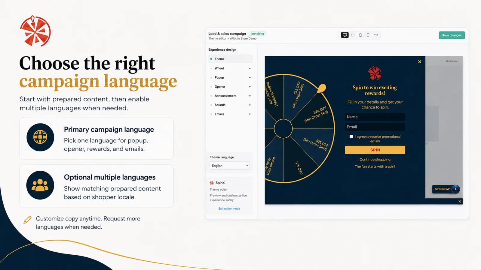 SpinX language settings for popup, opener, rewards and emails
