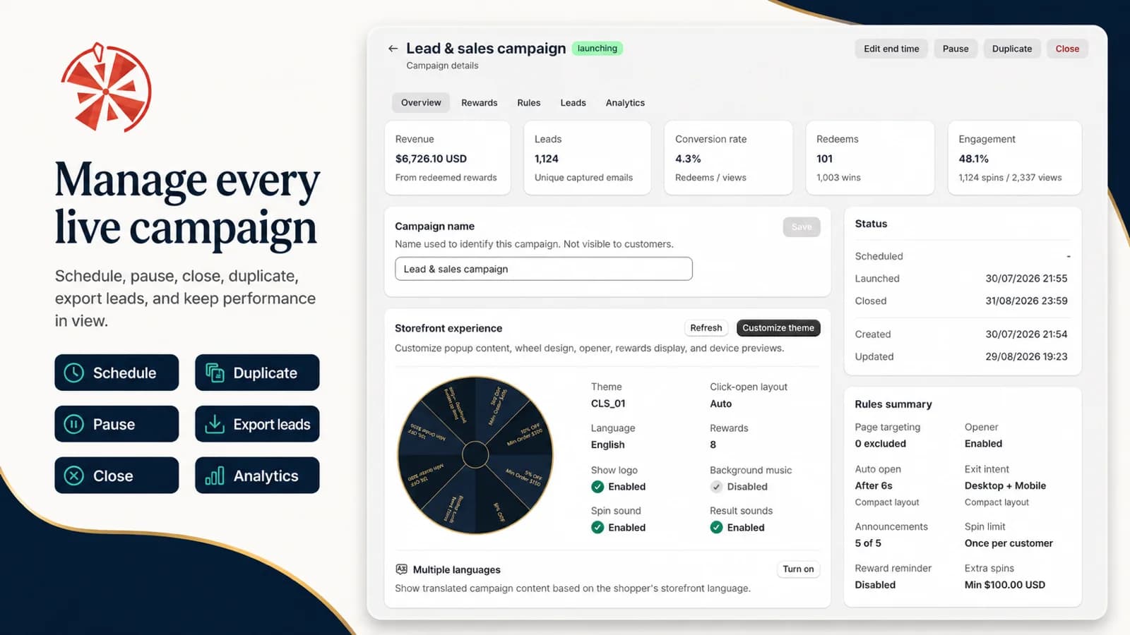 SpinX campaign details with status, storefront experience and rules summary