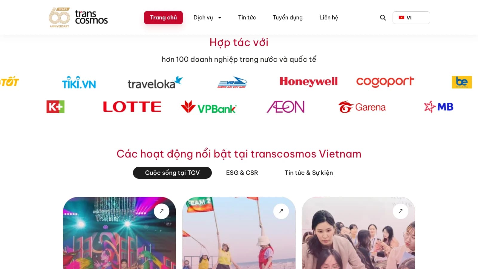 Logo đối tác và các hoạt động nổi bật trên trang chủ