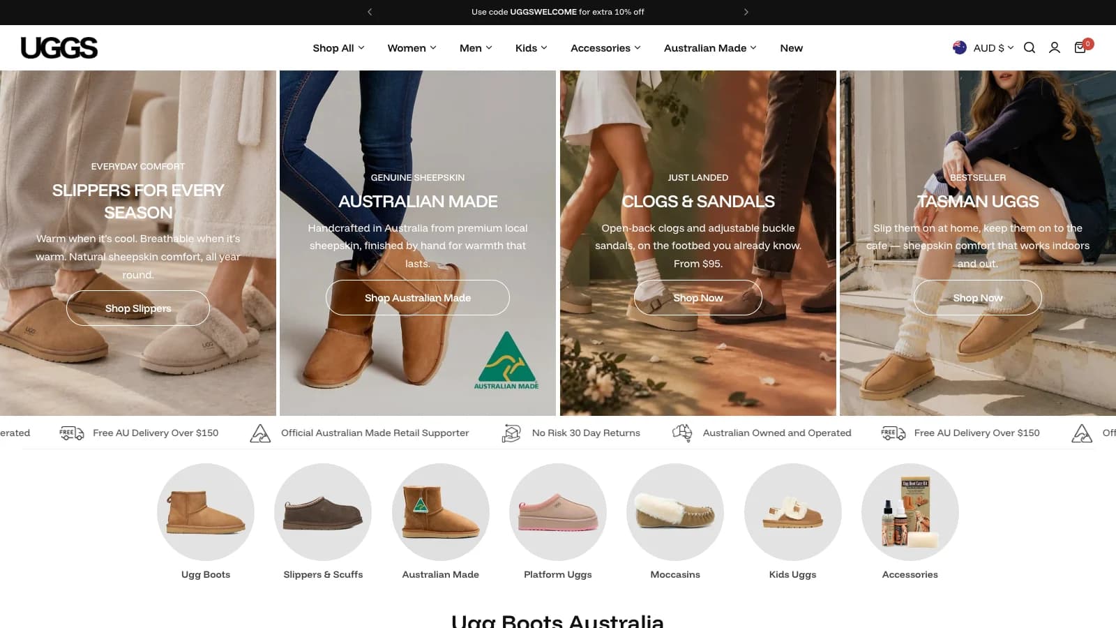 Trang chủ Uggs Australia với banner bộ sưu tập và lối tắt danh mục