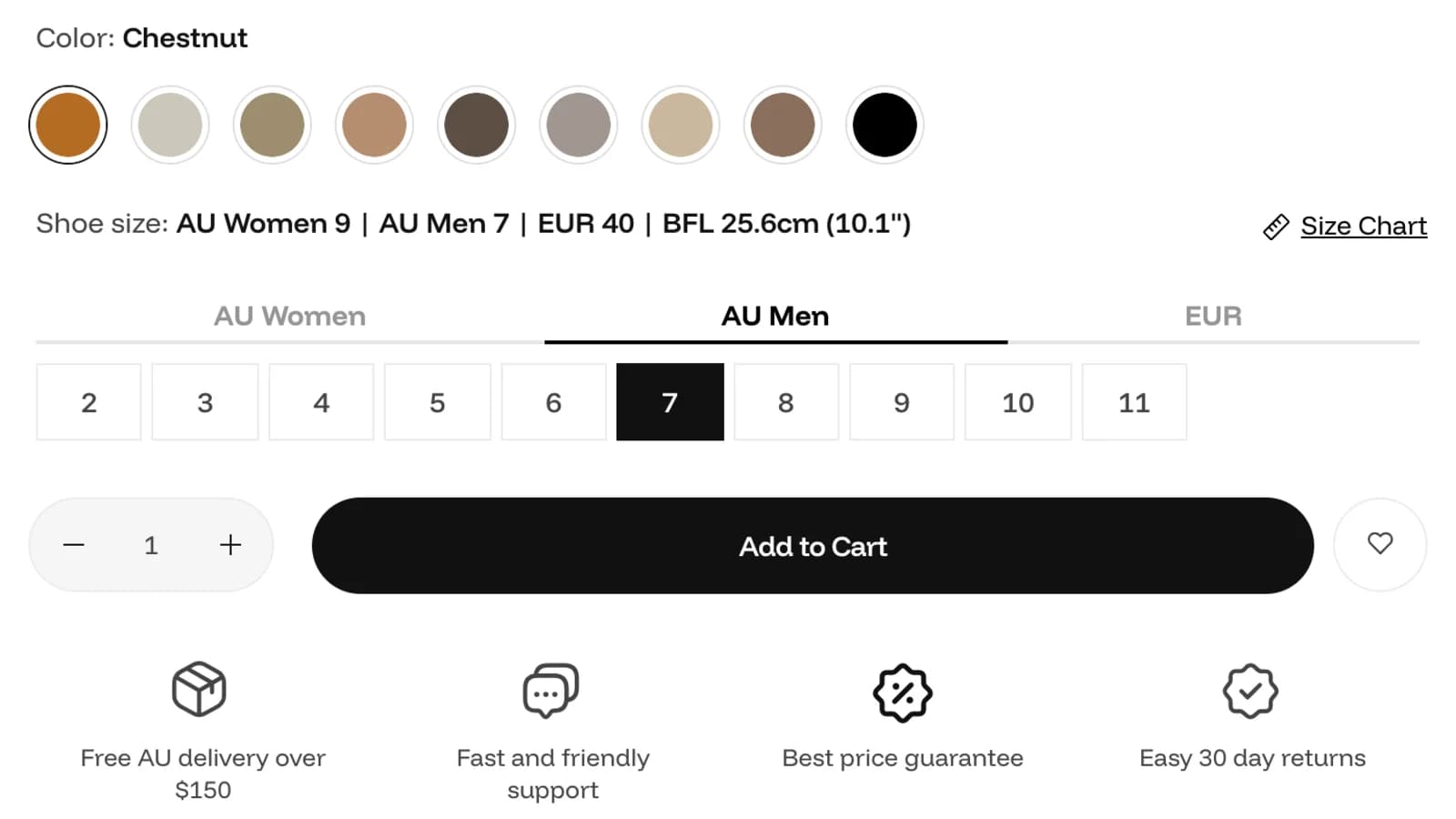 Bộ chọn size Uggs Australia quy đổi AU Men 7 sang AU Women 9 và EUR 40