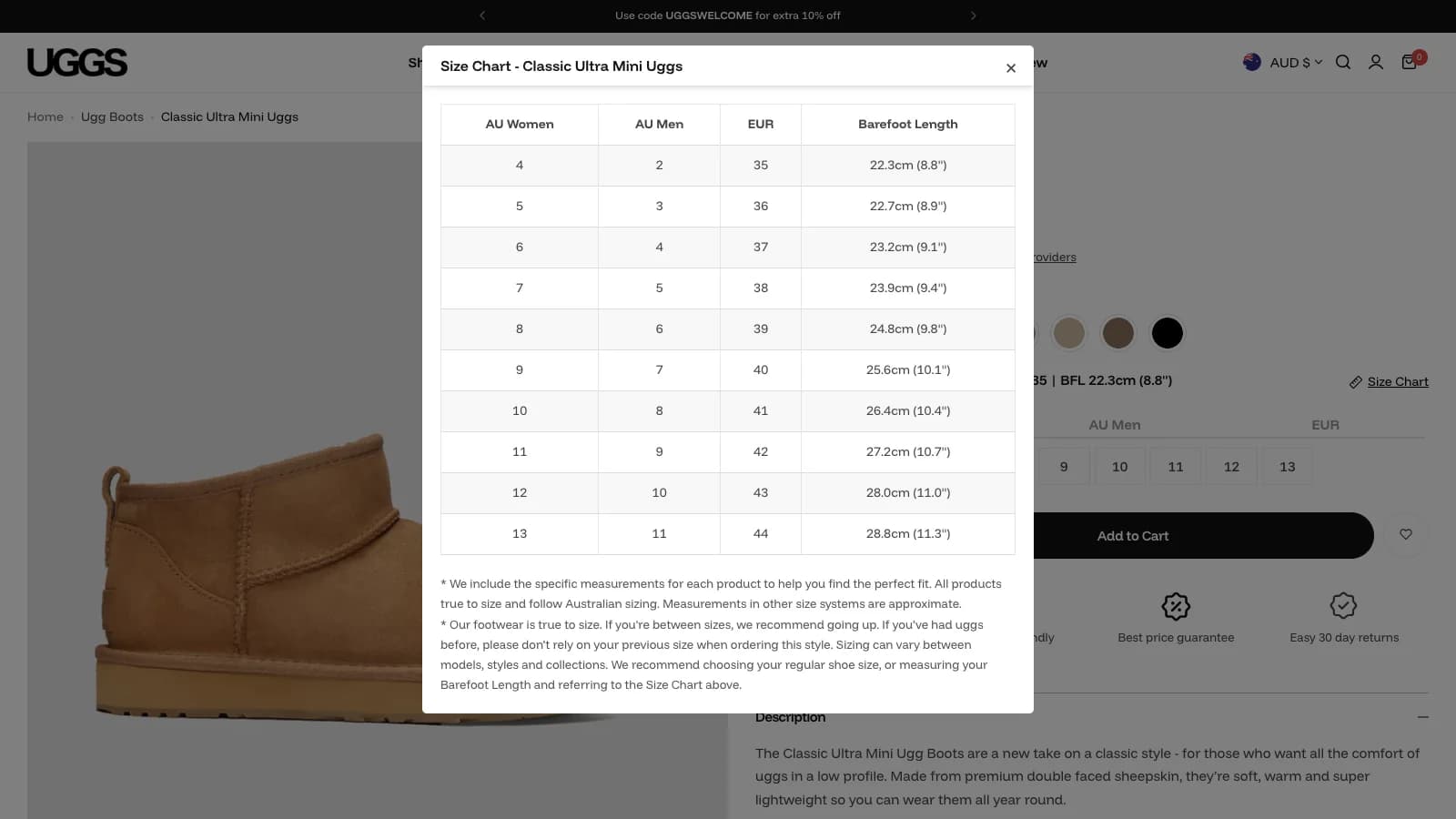 Bảng size Classic Ultra Mini Uggs với các cột AU Women, AU Men, EUR và chiều dài bàn chân