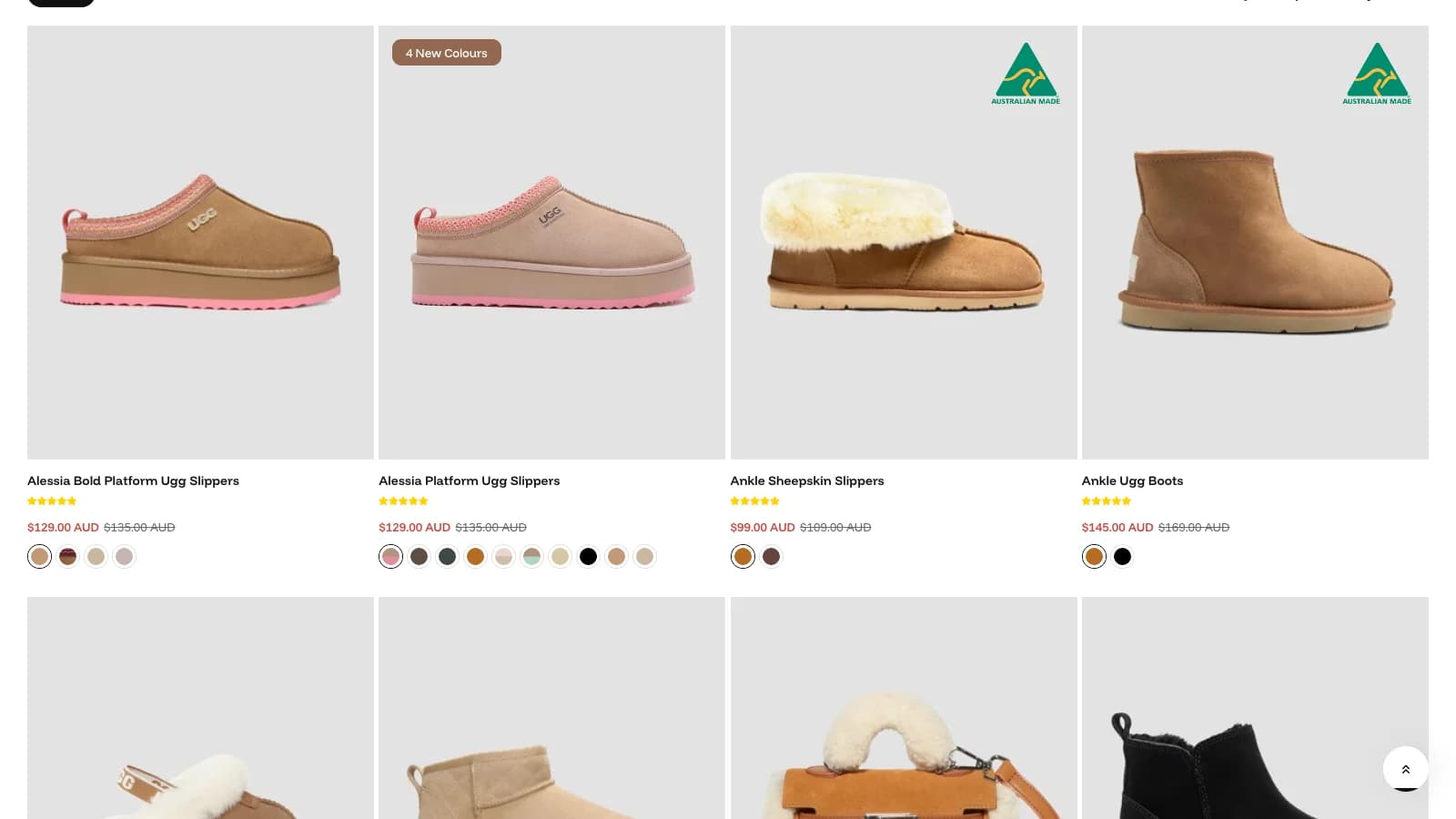 Lưới sản phẩm Uggs Australia với mẫu màu và giá