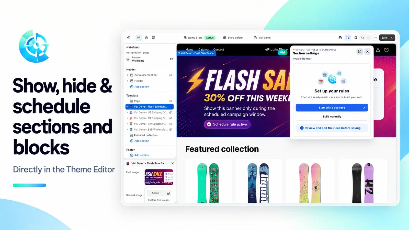 Visi settings panel opened on a flash sale banner in the Shopify Theme Editor