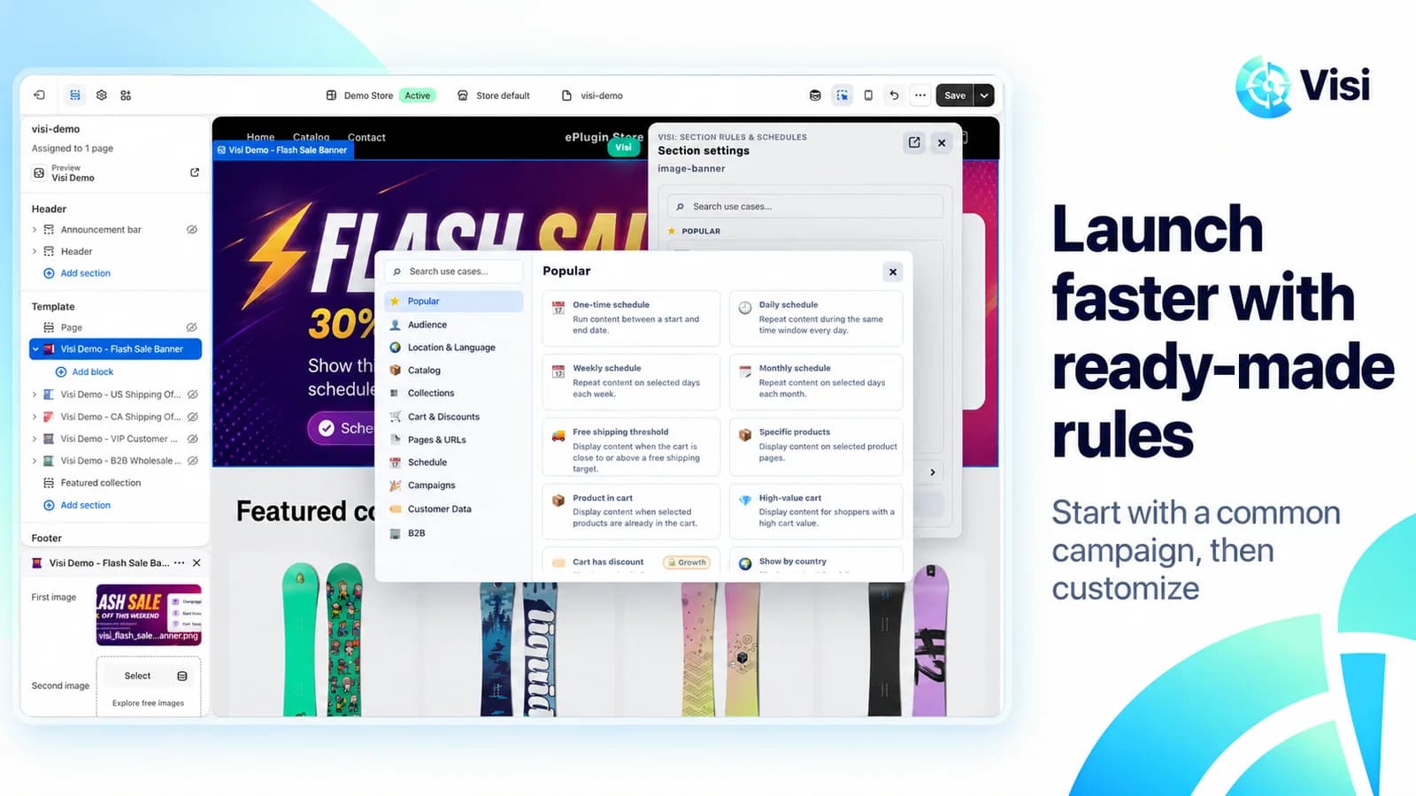 Visi use case library: schedules, free shipping threshold, products in cart and more