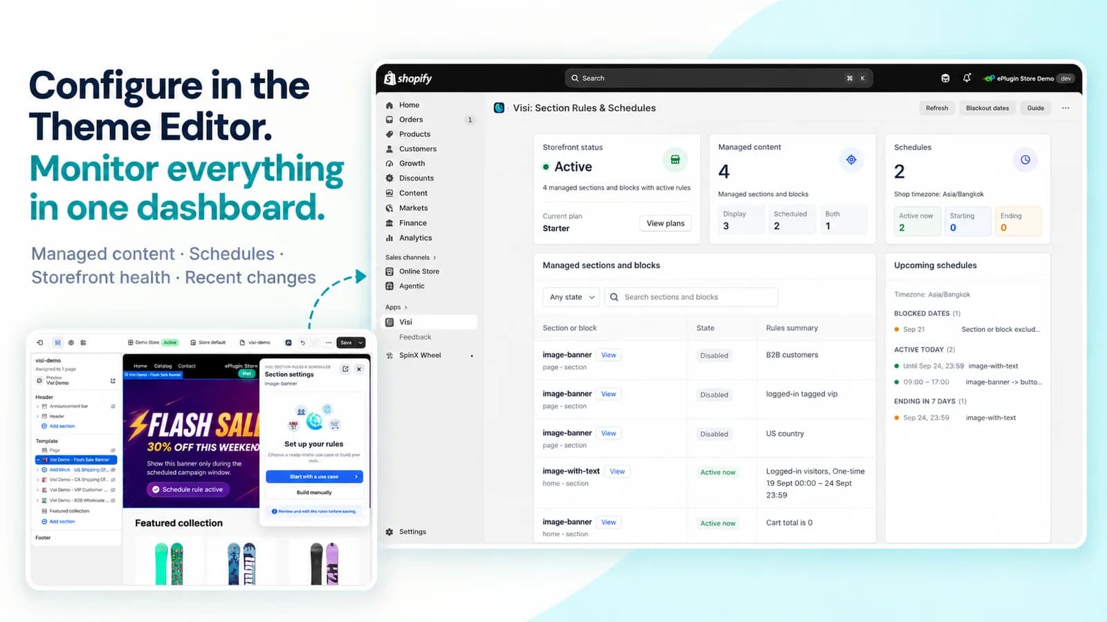 Visi dashboard in Shopify admin: storefront status, managed sections and upcoming schedules