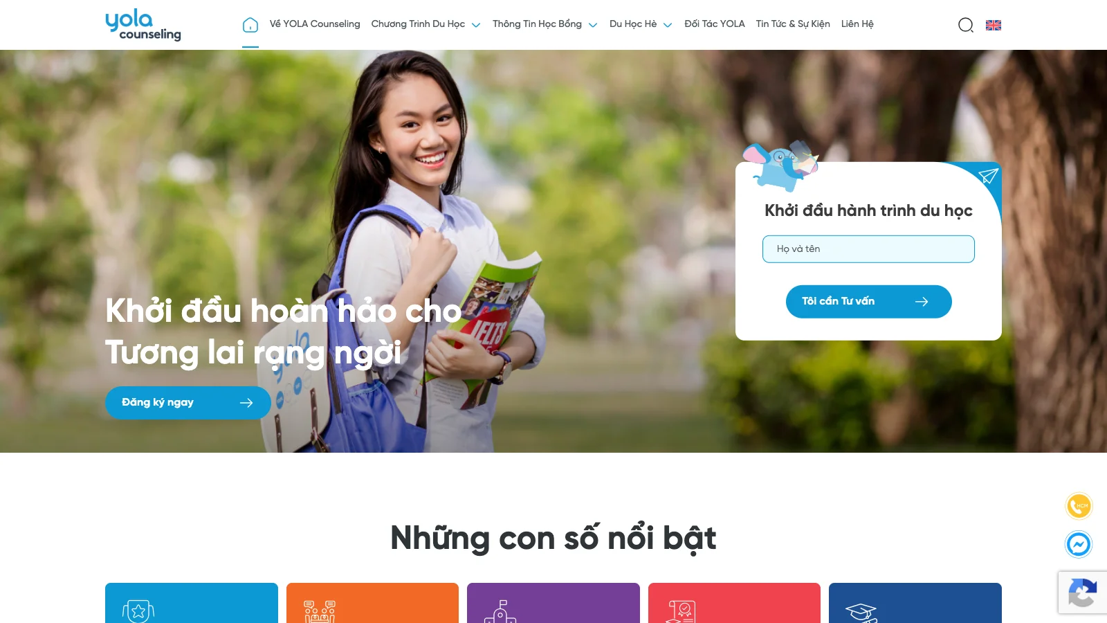 Phần đầu trang chủ Du học YOLA kèm form đăng ký tư vấn