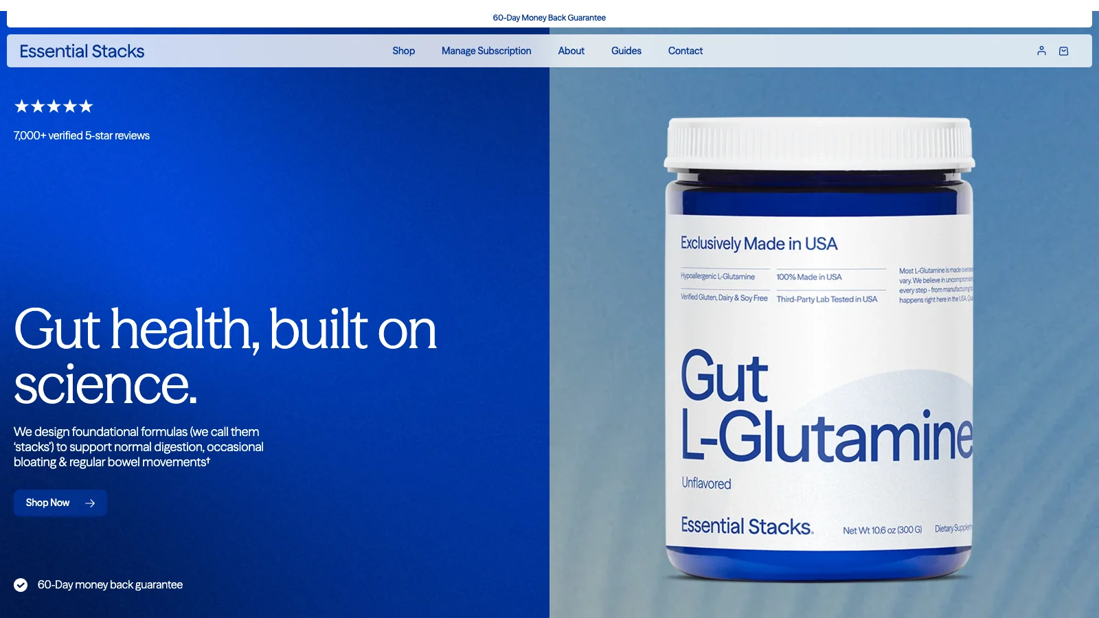 Phần đầu trang chủ Essential Stacks với hộp Gut L-Glutamine