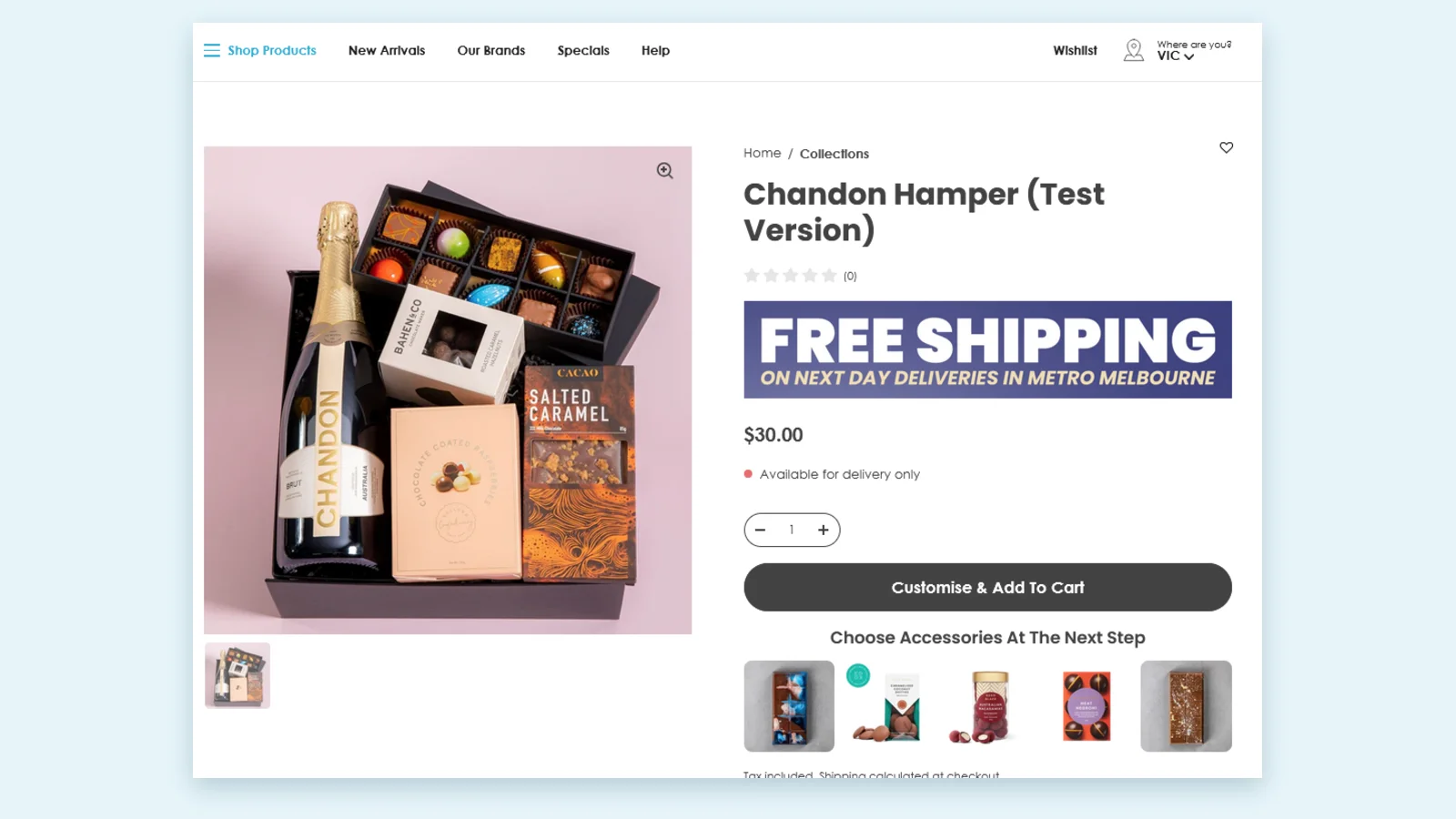 Trang sản phẩm Chandon Hamper với nút Customise & Add To Cart, phụ kiện gợi ý và bộ chọn bang VIC