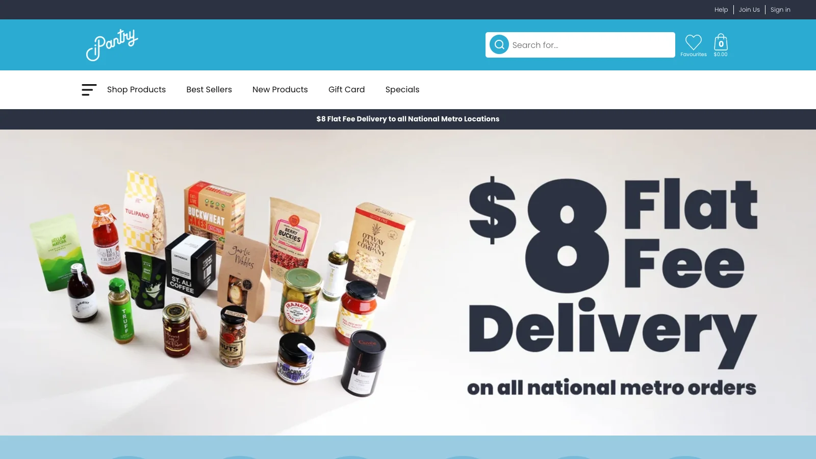 Trang chủ iPantry với banner giao hàng đồng giá $8