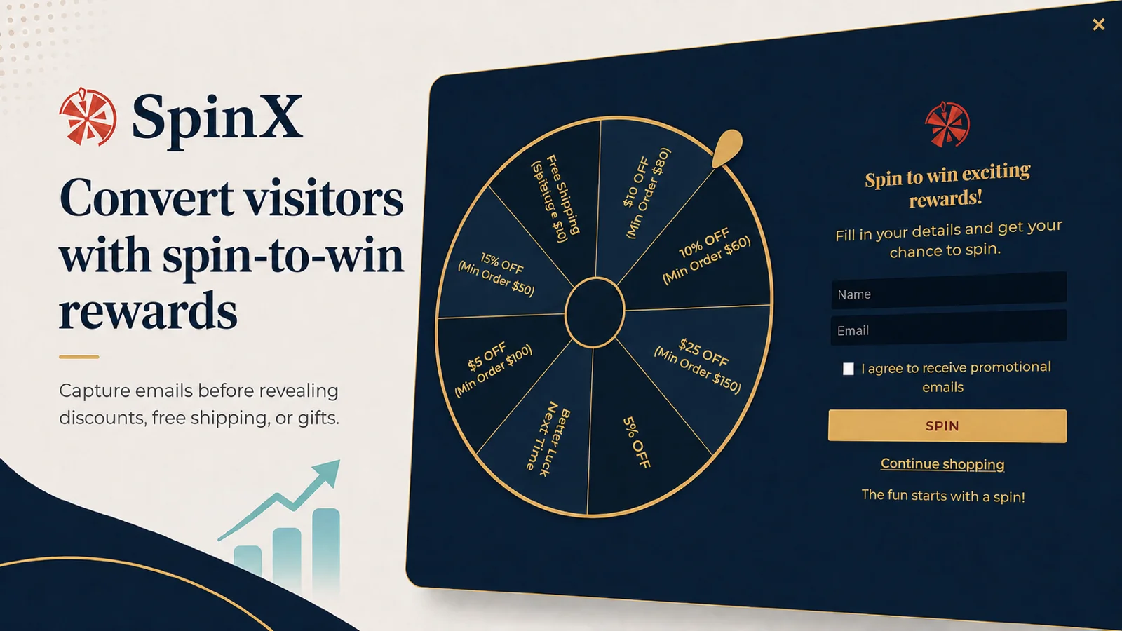 SpinX cover: a spin-to-win popup that captures name and email before the spin