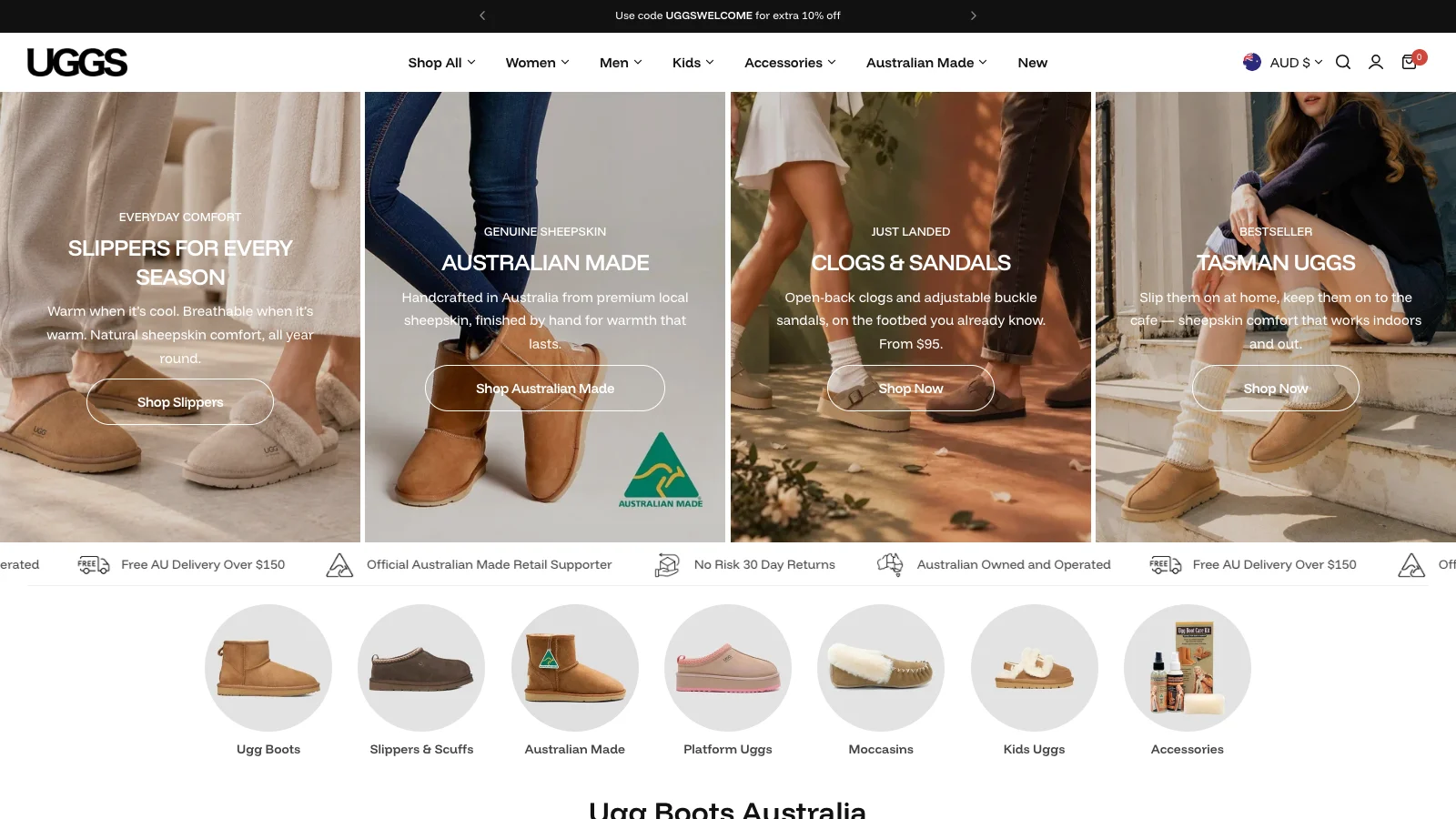 Trang chủ Uggs Australia với banner bộ sưu tập và lối tắt danh mục